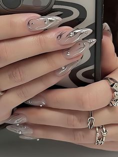 Upgrade Your Look With 24pcs Long Almond Wave Print Full Cover Fake Nail Kit Tato Grunge, Paznokcie Hello Kitty, Purple Nail, Blue Nail, Stick On Nails, Nailed It, روتين العناية بالبشرة