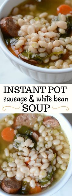 two pictures of soup with beans, sausage and carrots