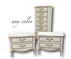 three white dressers with drawers on each side and the words any color above them