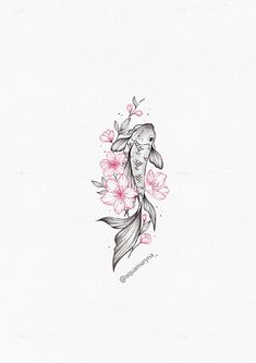 a drawing of a koi fish with pink flowers on it's back side