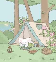 an illustration of a tent in the woods with a cat reading a book next to it