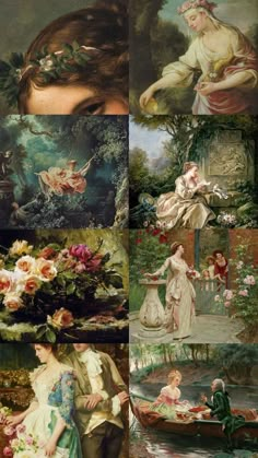 four paintings of women in different styles and colors