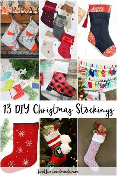 twelve diy christmas stocking patterns with text overlay that reads 13 diy christmas stockings