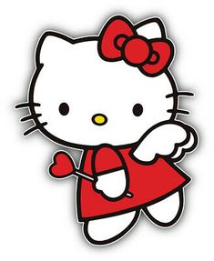 a hello kitty sticker with an angel on it's chest and red dress