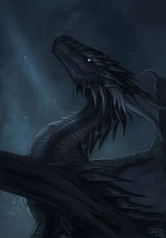 a black dragon sitting on top of a tree branch in the dark night with its mouth open