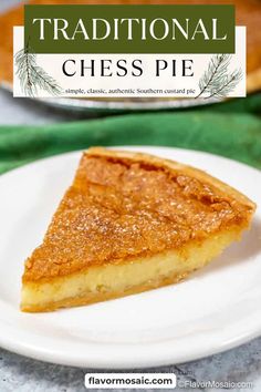 a slice of traditional cheese pie on a white plate with the title overlay above it