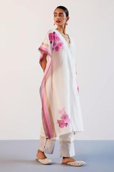 Ivory and blue silk chanderi kaftan featuring floral hand-paint and zari embroidery details on the neckline and hem. Paired with a matching embroidered silk chanderi pant and slip. - Aza Fashions Spring White Cotton Silk Dupatta, White Sets With Kimono Sleeves For Spring, White Spring Sets With Kimono Sleeves, White Silk Kaftan For Festive Occasions, Summer White Silk Dupatta, Designer White Kaftan With Dupatta, Spring Kaftan With Dupatta In Traditional Drape, Traditional Drape Kaftan With Dupatta For Spring, White Silk Embroidered Kaftan