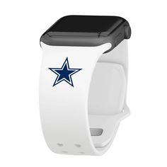 a white apple watch with a blue star on the front and black band, against a white background