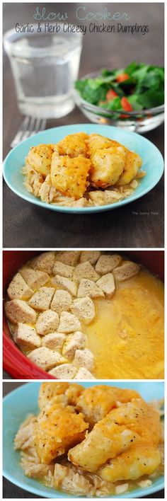 three pictures showing different stages of making chicken dumplings in a bowl and on a plate