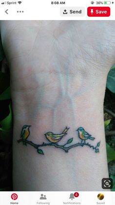 two birds sitting on a branch tattoo on the wrist