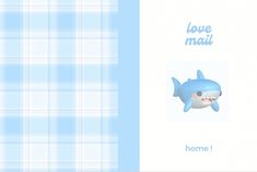 a blue and white checkered background with an image of a shark