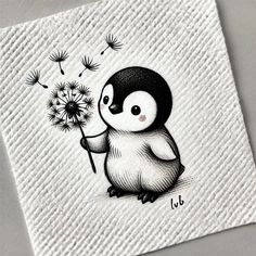 a black and white drawing of a penguin holding a dandelion