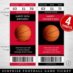 two ticket cards with basketballs on them and the numbers 4 to 7 in red