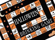 a halloween drinking game with pumpkins and other items on the board, as well as words