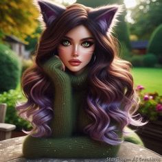 a digital painting of a woman with long hair and cat ears on top of her head