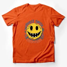 Creepy Smiley Face T-Shirt, Cool Horror Graphic Tee, Unisex Yellow Scary Smile Top Male T-Shirt Custom graphic T-Shirt.Customize your color Band Merch T-shirt With Graphic Print And Crew Neck, Casual Halloween T-shirt For Streetwear, Fun Text Print T-shirt For Streetwear, Trendy Crew Neck T-shirt With Front Print, Casual Orange Tops With Graphic Design, Funny Graphic T-shirt For Summer, Band Merch T-shirt With Text Print And Crew Neck, Band Merch T-shirt With Graphic Design And Crew Neck, Band Merch Graphic T-shirt With Crew Neck