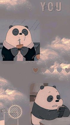 two panda bears sitting on top of each other in front of the sky and clouds