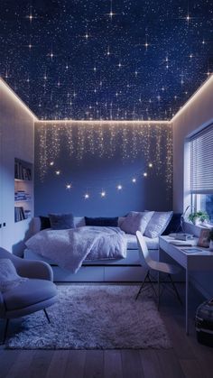 a bedroom with stars on the ceiling and a bed in the middle is lit up