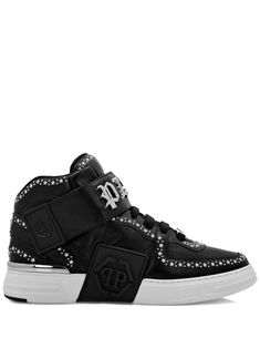 black/silver calf leather star stud detailing silver-tone logo plaque embossed logo to the side ankle strap round toe front lace-up fastening padded ankle branded insole flat rubber sole Luxury High-top Sneakers With Boost Midsole, Custom Calf Leather Sneakers With Studded Outsoles, Luxury Leather Sneakers With Studded Outsoles, Silver High-top Sneakers With Abzorb Midsole, Luxury Custom Leather Sneakers With Studded Outsoles, Designer High-top Sneakers For Streetwear, Low-top Leather Sneakers With Studs, Designer High-top Sneakers With Perforations For Streetwear, Calf Leather High-top Sneakers With Studded Outsoles