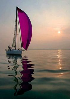 a pink sailboat floating on top of a body of water with the sun in the background