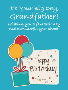 a birthday card for a grandfather with balloons and a gift box in the middle, it's your big day granddaughter wishing you a fantastic day and a wonderful year ahead