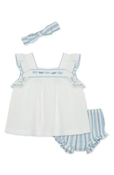 Sweet embroidery decorates a darling two-piece set featuring a gauzy cotton tank paired with ruffle-trimmed shorts. Top has back snap closure Shorts have elastic waist 100% cotton Machine wash, tumble dry Imported Sweet Embroidery, Mom Dr, Baby Boy Bibs, Dressy Fashion, Newborn Outfit, One Piece Pajamas, Sweater Gift, Newborn Girl