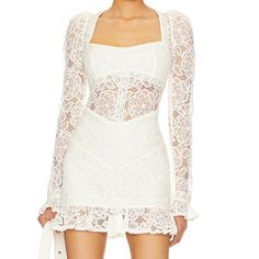 For Love And Lemons, Lacey White Mini Dress, Perfect For Any Formal Occasion, New With Tags And Never Worn Feminine White Lace Dress With Square Neck, Fitted Off White Mini Dress With Lace Trim, White Square Neck Lace Dress, Off White Lace Mini Dress, White Fitted Lace Mini Dress, White Fitted Lace Dress With Square Neck, Fitted Off White Lace Mini Dress, Fitted Off-white Lace Mini Dress, Chic White Fitted Lace Dress