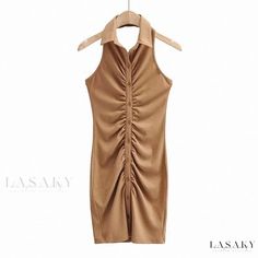 Lasaky - Sensual Single-Breasted Pleated Mini Dress - Solid Color Open Back Bodycon Halter Dress Knight Costume, Neck Wedding Dress, Brown Outfit, Pleated Mini Dress, Halloween Dress, Collar Dress, Olivia Mark, Stylish Dresses, Single Breasted