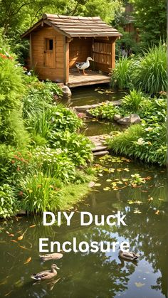 a small wooden duck house sitting on top of a river next to a lush green forest