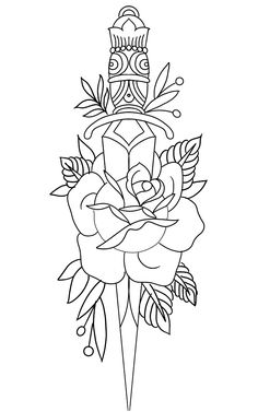 a drawing of a flower with leaves and flowers on it, in black and white