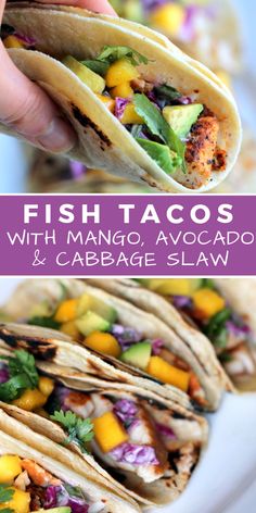 fish tacos with mango, avocado and cabbage slaw on a white plate