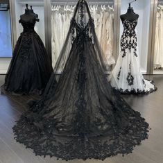 black and white wedding gowns are on display