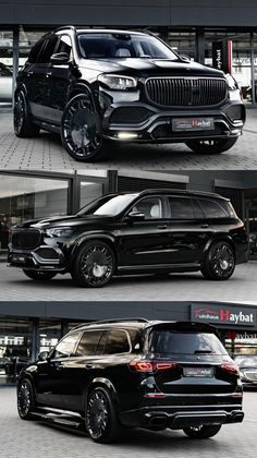 three different cars parked in front of a building and one is black with chrome wheels