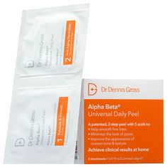 A two-step AHA/BHA peel pad pre-dosed with five acids and 12 antioxidants to visibly smooth texture, shrink the look of pores, and reduce the look of fine line.Skin Type: Normal, Dry, Combination, and OilySkincare Concerns: Fine Lines and Wrinkles, Pores, and Uneven TextureFormulation: WipesHighlighted Ingredients:- Glycolic Acid (AHA): Visibly reduces lines and wrinkles. - Lactic Acid (AHA) and Malic Acid (AHA): Supports cell turnover and cell renewal and visibly evens skin tone. - Resveratrol and Green Tea Extract: Extends skin cell lifespan and protects against free radicals.Ingredient Callouts: This product is vegan, cruelty-free, and comes in recyclable packaging.< Peeling Facial, Peel Pads, Dennis Gross, Dr Dennis Gross, Facial Peel, Peter Thomas Roth, Alpha Hydroxy Acid, Enlarged Pores, Glycolic Acid