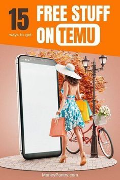 a woman in a dress and hat is standing next to a cell phone with the text free stuff on temu