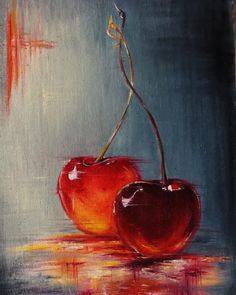 a painting of two cherries sitting on top of a table next to each other