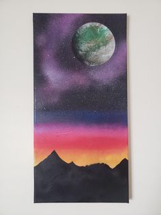 twilight on the garden moon - a day comes to an end on a mountainous vista, captured by the beauty of the nearby garden moon, spraypaint on canvas, 10x20" Spray Painting, Lake City, Salt Lake City, Wall Hangings, The Garden, Spray, Wall Hanging, Moon, Home And Living