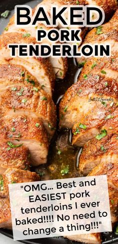 baked pork tenderloin in a skillet with text overlay