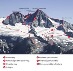 a map of the top of a mountain with several locations marked in red and white