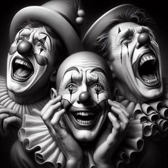 three creepy clowns with their mouths open