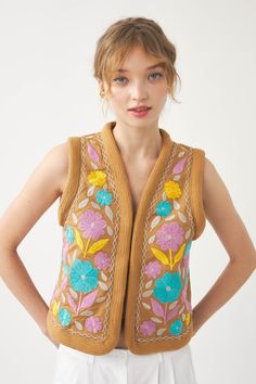 Camel embroidered sleeveless gilet | Colourful hand-stitched embroidery | ANTIK BATIK Lurex Embroidery, Embroidered Vest, Antik Batik, Hand Embroidery Stitches, Floral Embroidery, Brunei, Embroidery Stitches, Summer Collection, Batik