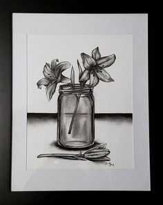 a black and white drawing of flowers in a jar