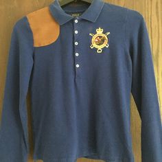 Girls Size 16. Can Fit A Women's Xs-S. Bright Blue With Leather Patch. Great Condition. Basically Brand New. Only Worn Once. Navy Polo Collar Top For Winter, Preppy Blue Shirt For Fall, Preppy Blue Long Sleeve Tops, Blue Long Sleeve Preppy Tops, Preppy Blue Polo Collar Top, Fitted Ralph Lauren Collared T-shirt, Blue Ralph Lauren Tops With Button Closure, Ralph Lauren Fitted Polo Collar T-shirt, Affordable Blue Ralph Lauren T-shirt