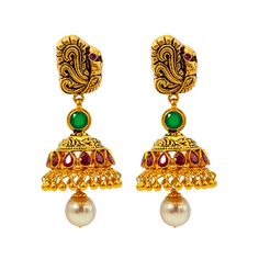 Shimmer and shine with cultural elegance when you wear this luxurious jewelry set from Virani! The vibrant array of emeralds and rubies used in the antique gold necklace and jhumka earrings add a dazzling effect when paired with traditional wear. Features• 22K Antique Gold.• Emeralds. • Rubies. Specifications• Minimum Necklace Width - 2 millimeters • Maximum Necklace Width - 48 millimeters• Necklace Length - 28 inches• Minimum Earring Width - 2 millimeters • Maximum Earring Width - 21 millimeter Ceremonial Kundan Jhumkas Hallmarked, Ceremonial Kundan Jhumkas With Hallmark, Gold Ruby Jhumkas With Intricate Design, Formal Kundan Jhumkas With Intricate Design, Traditional Ruby Temple Necklace, Bollywood Style Intricate Jhumkas For Formal Events, Bollywood Style Formal Jhumkas With Intricate Design, Traditional Ceremonial Hallmarked Jhumkas, Festive Temple Jewelry Jhumkas Hallmarked