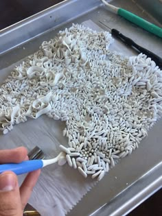 a person is using a toothbrush to brush the pasta on top of the tray