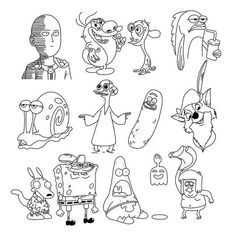 cartoon characters are drawn in black and white