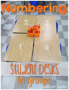 two wooden desks sitting on top of a checkered floor with numbers and pencils in them