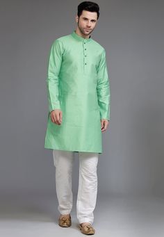 Ready-made Art Silk Jacquard Kurta in Sea Green Color. This Chinese Collar neck and Full Sleeves attire is Enhanced with Buttons and Jacquard Work. Available with an Art Silk Pant in Off White Color.   Do note: Footwear shown in the image is for presentation purposes only. Half to one inch may vary in measurement. (Slight variation in actual color vs. image is possible) We Sell all kinds of Menswear. Mens Kurta | Mens Kurta & Pant | Traditional Menswear | Ethnic Wear | Partywear | Menswear | Ind Traditional Fitted Kurta With Band Neckline, Green Handloom Long Sleeve Kurta, Green Handloom Kurta With Long Sleeves, Green Long Sleeve Handloom Kurta, Green Self-design Long Sleeve Kurta, Indian Jackets, Vs Image, Silk Pant, Sea Green Color