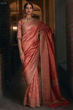 Meenakari brocade saree with kasab work and embellished kundan-sequin. Comes with blouse and petticoat.
Components:3
Embroidered
Neckline:V Neck
Sleeve Length:Half
Fabric: Brocade
Bead tassels
Note: Actual colours and motif design may vary slightly from the images shown.  - Aza Fashions Brocade Saree, Brocade Blouse, Saree For Women, Brocade Blouses, Saree Designs Party Wear, Tarun Tahiliani, Wedding Saree Indian, Saree Trends, Velvet Blouses