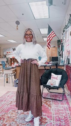 Pink Midi Skirt Outfit Fall, Teacher Dresses Winter, Teacher Vibe Outfits, Fun Fall Teacher Outfits, Sundress Teacher Outfit, Student Teaching Outfits Plus Size, Teacher Spring Outfits 2023, Maxi Skirt Outfit Teacher, Conservative Teacher Outfits